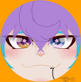 Close up of Saku's face in a circle, he's smiling a cat like smile, a soft blush on his cheeks.