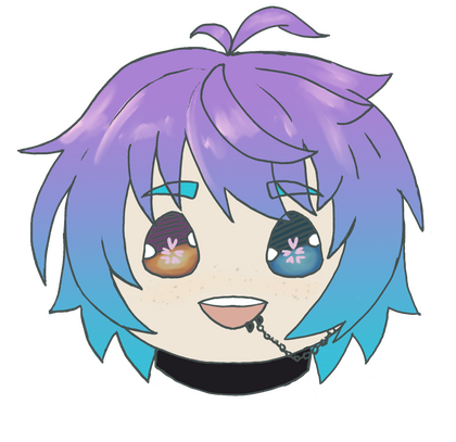 chibi stylization of sakyu's face. short fluffy light purple to cyan hair, cyan eyebrows. pale skin with very faint freckles. face is making a :D expression. two lip piercings on the left side of his lower lip with a chain on the left most one going back t